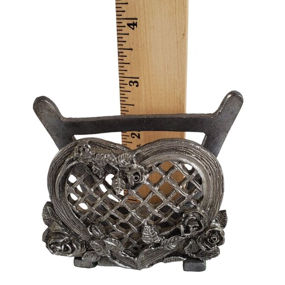 Victorian Pewter Business Card Holder Metal Heart Roses Flower Floral Desk - Picture 9 of 9
